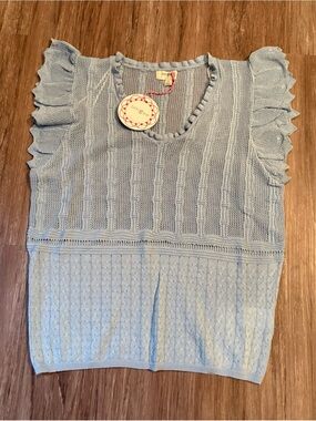 Umgee Powder Blue Knit Ruffle Sleeve Tank